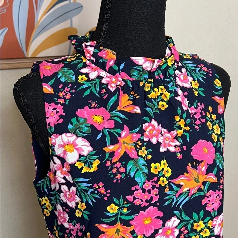 J. Crew Printed Ruffleneck Top Blouse Navy Floral Size XS